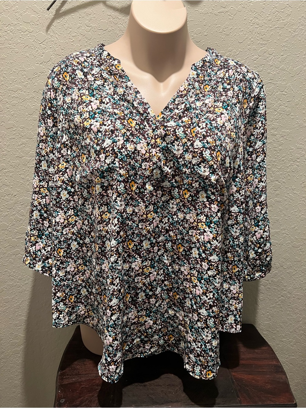 torrid Black Floral V-Neck Blouse with Pink, Yellow & Aqua Accents